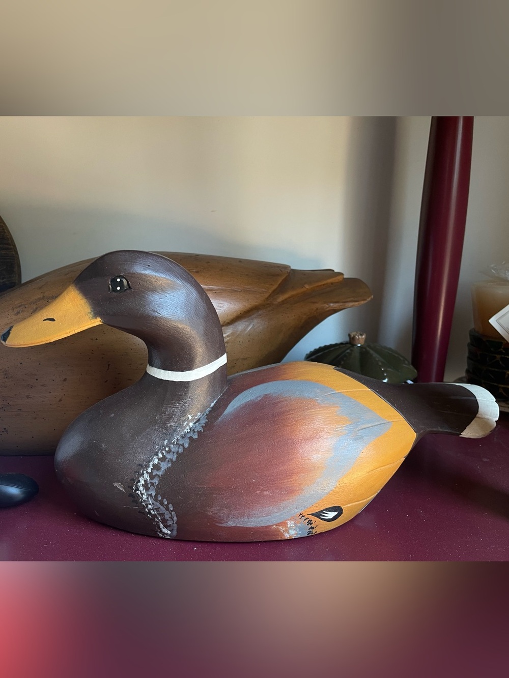Hand-Painted Decorative Wood Duck Figurine in Brown and Orange